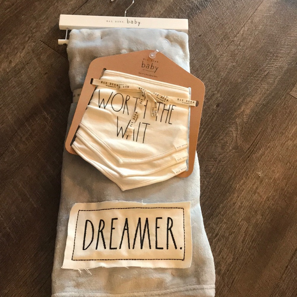 Rae Dunn baby blanket &3set of bibs bundle